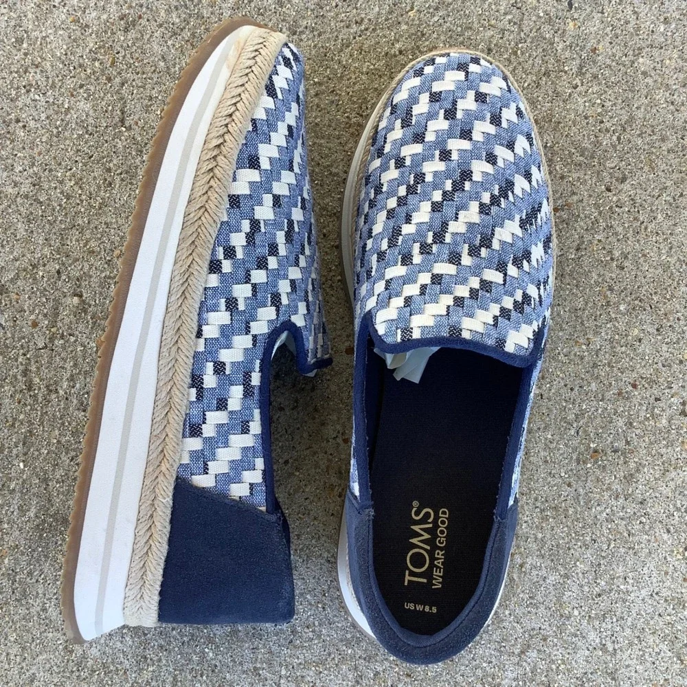 TOMS Alpargata Mallow Mule Espadrilles Blue White Woven Platform Shoes Women 8.5